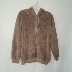 Haute Edition Womens Hoodie Sweatshirt Brown Fuzzy Half‎ Zip Size Medium Sherpa